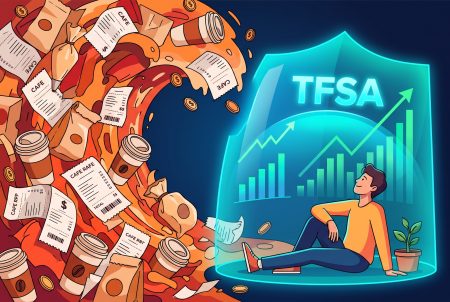 A calm person sits cross-legged behind a glowing TFSA shield showing an upward-trending chart, protected from a crashing wave of coffee cups, pastries, and receipts.